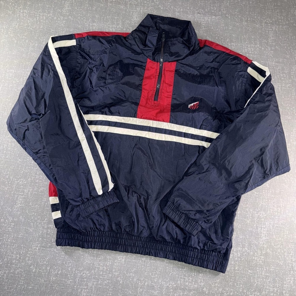 Vintage USA Olympic Jacket Mens Medium Blue Red 1/2 Zip Windbreaker‎ Colorblock